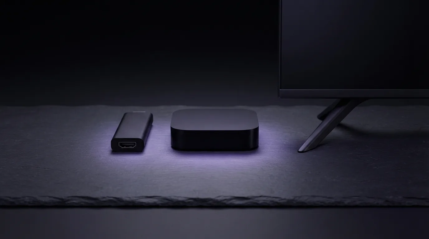 Trois appareils de streaming alignés sur une surface sombre