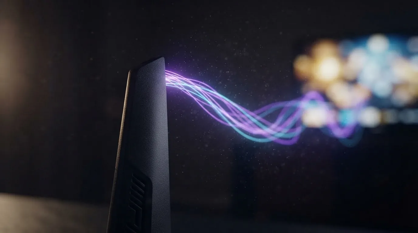 Antenne de routeur Wi-Fi en gros plan, téléviseur allumé en arrière-plan flou