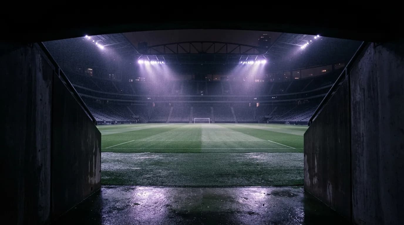 Stade de football vide illuminé de nuit sous la pluie