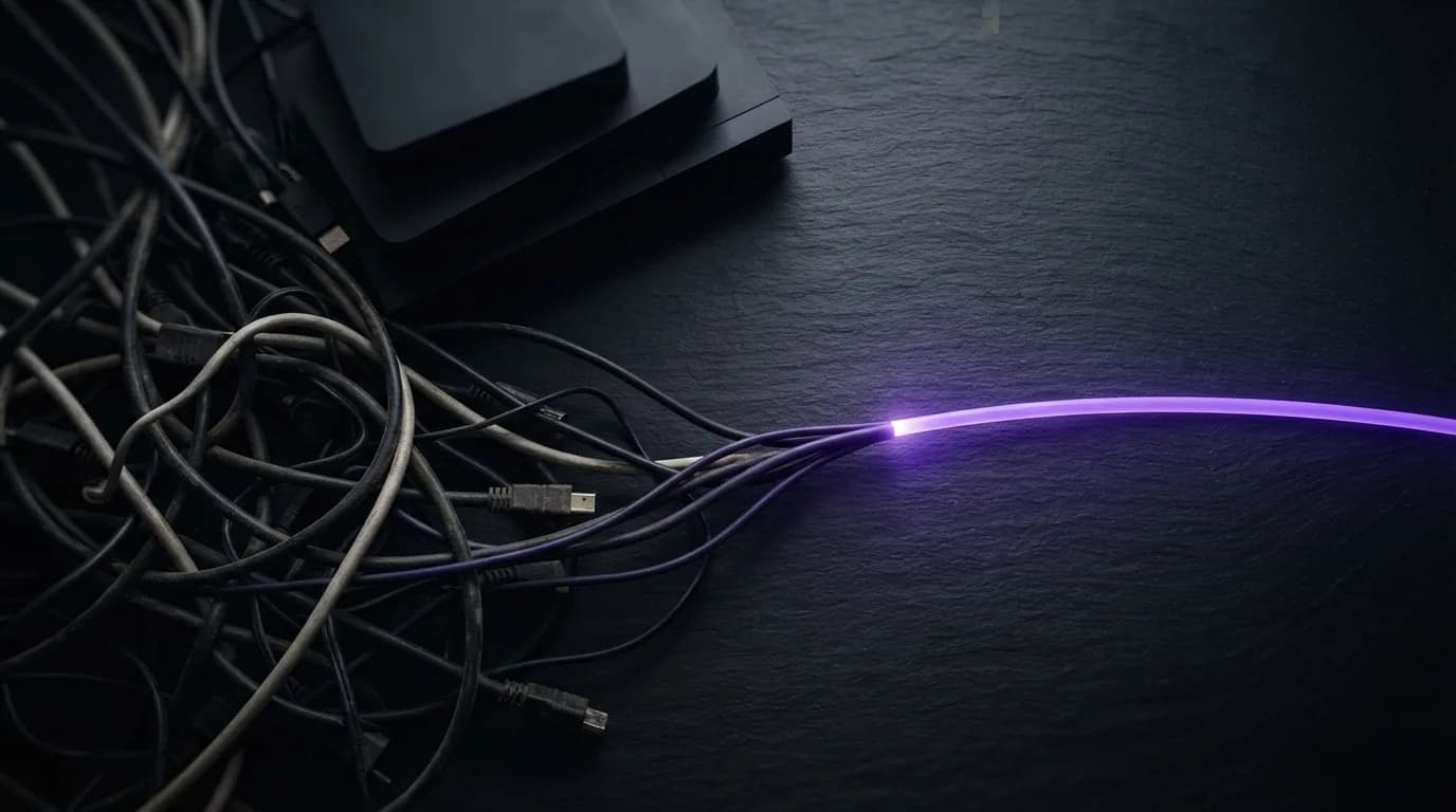 Enchevêtrement de câbles se transformant en une fibre unique éclairée en violet